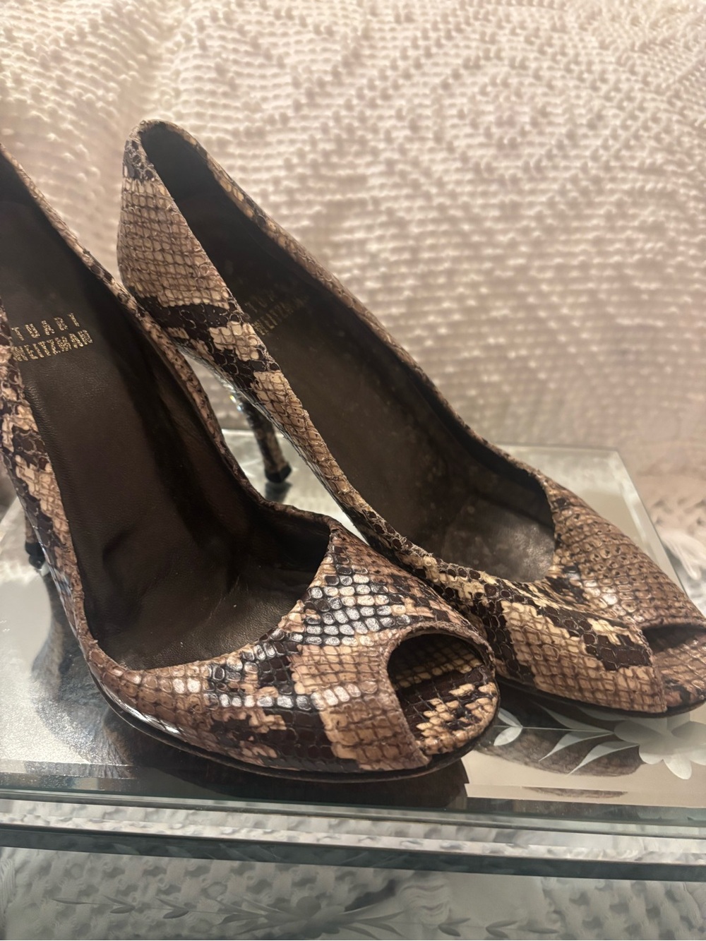 Stuart Weitzman Snake-Print Peep-Toe Pumps in Brown and Black